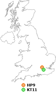 map showing distance between HP9 and KT11