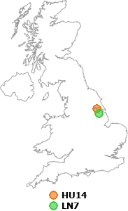 map showing distance between HU14 and LN7