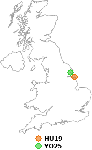 map showing distance between HU19 and YO25