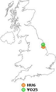 map showing distance between HU6 and YO25