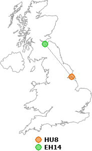 map showing distance between HU8 and EH14