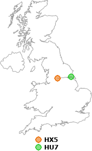 map showing distance between HX5 and HU7