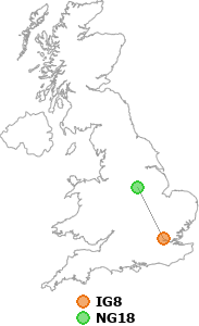 map showing distance between IG8 and NG18