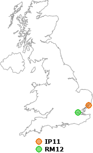 map showing distance between IP11 and RM12