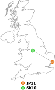 map showing distance between IP11 and SK10