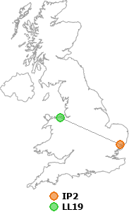 map showing distance between IP2 and LL19