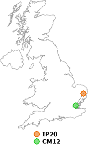 map showing distance between IP20 and CM12