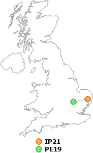 map showing distance between IP21 and PE19