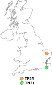 map showing distance between IP25 and TN31