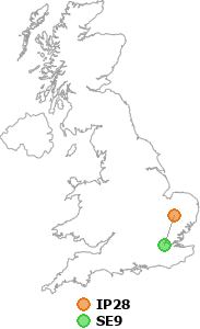 map showing distance between IP28 and SE9