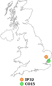 map showing distance between IP32 and CO15