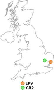 map showing distance between IP9 and CB2