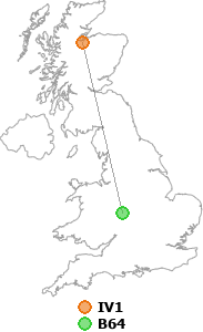 map showing distance between IV1 and B64