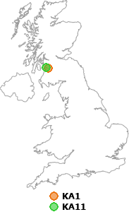 map showing distance between KA1 and KA11