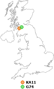 map showing distance between KA11 and G74