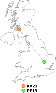 map showing distance between KA22 and PE19