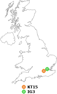 map showing distance between KT15 and IG3