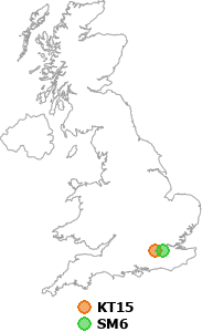 map showing distance between KT15 and SM6