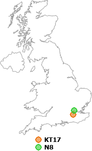 map showing distance between KT17 and N8