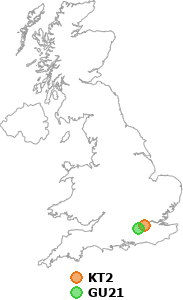 map showing distance between KT2 and GU21