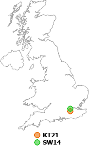 map showing distance between KT21 and SW14