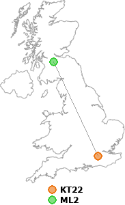 map showing distance between KT22 and ML2