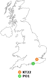 map showing distance between KT22 and PO1