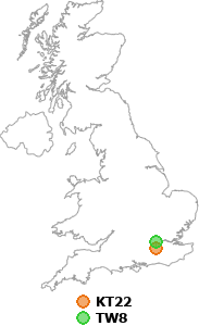 map showing distance between KT22 and TW8