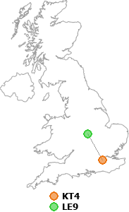 map showing distance between KT4 and LE9