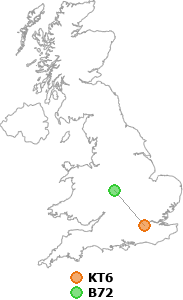 map showing distance between KT6 and B72