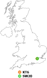 map showing distance between KT6 and SW20