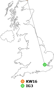 map showing distance between KW16 and IG3