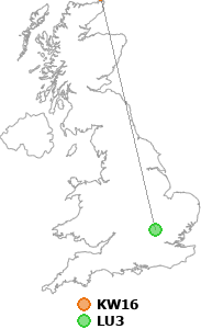 map showing distance between KW16 and LU3