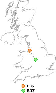 map showing distance between L36 and B37