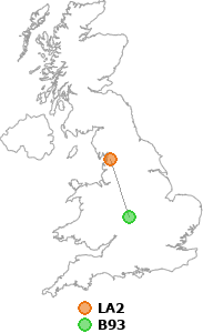 map showing distance between LA2 and B93