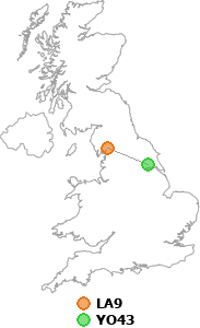 map showing distance between LA9 and YO43