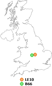 map showing distance between LE10 and B66