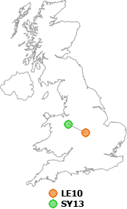 map showing distance between LE10 and SY13