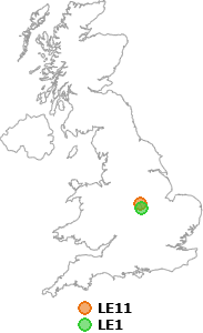 map showing distance between LE11 and LE1