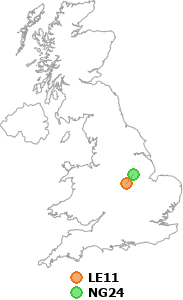 map showing distance between LE11 and NG24