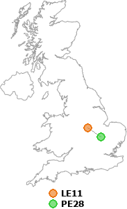 map showing distance between LE11 and PE28