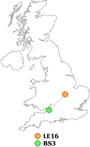 map showing distance between LE16 and BS3