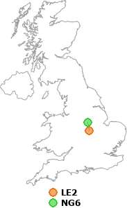 map showing distance between LE2 and NG6