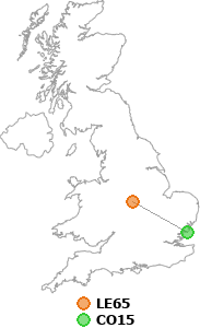 map showing distance between LE65 and CO15