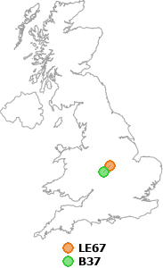 map showing distance between LE67 and B37