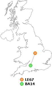 map showing distance between LE67 and BA14