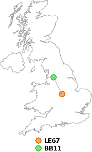 map showing distance between LE67 and BB11