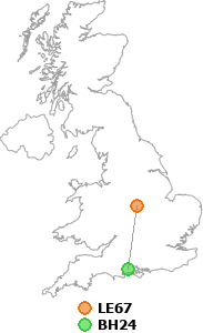 map showing distance between LE67 and BH24