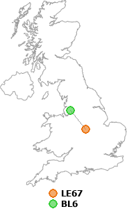 map showing distance between LE67 and BL6