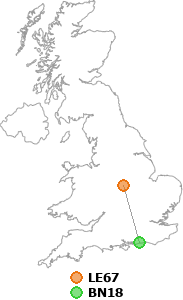 map showing distance between LE67 and BN18